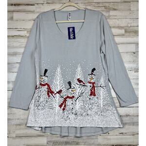 Mac & Belle Women Sz Lg Christmas Gray Long Sleeve Blouse Top Trees Snowmen